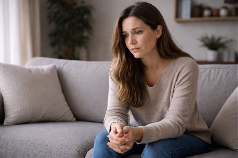 Woman sitting alone indoors with a worried expression