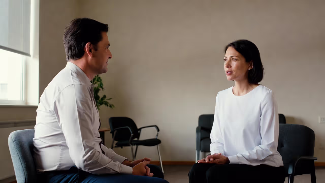 Adult talking with a mental health professional in an office