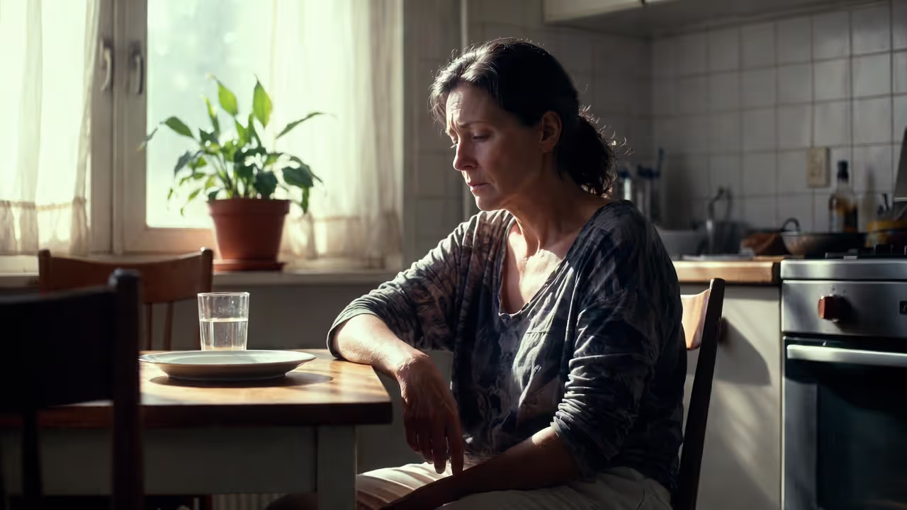 Woman sitting at a kitchen table showing signs of fatigue and emotional withdrawal