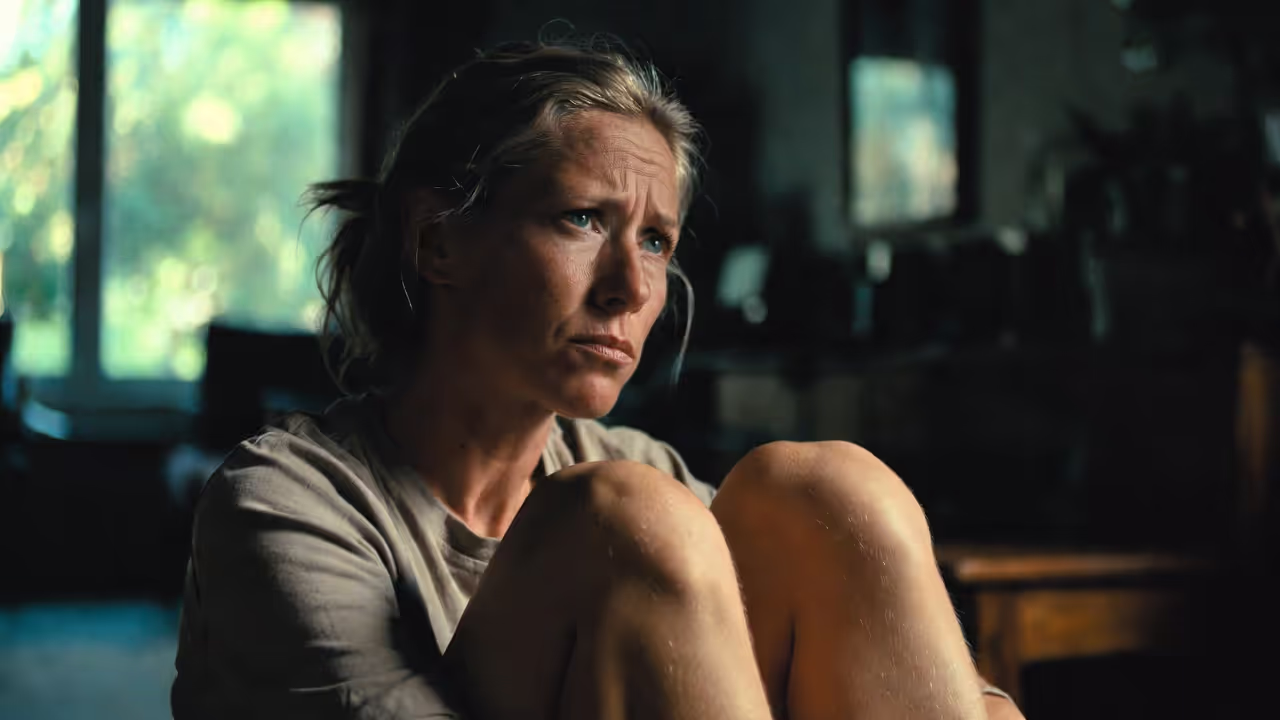 Adult sitting alone indoors appearing reflective and tense