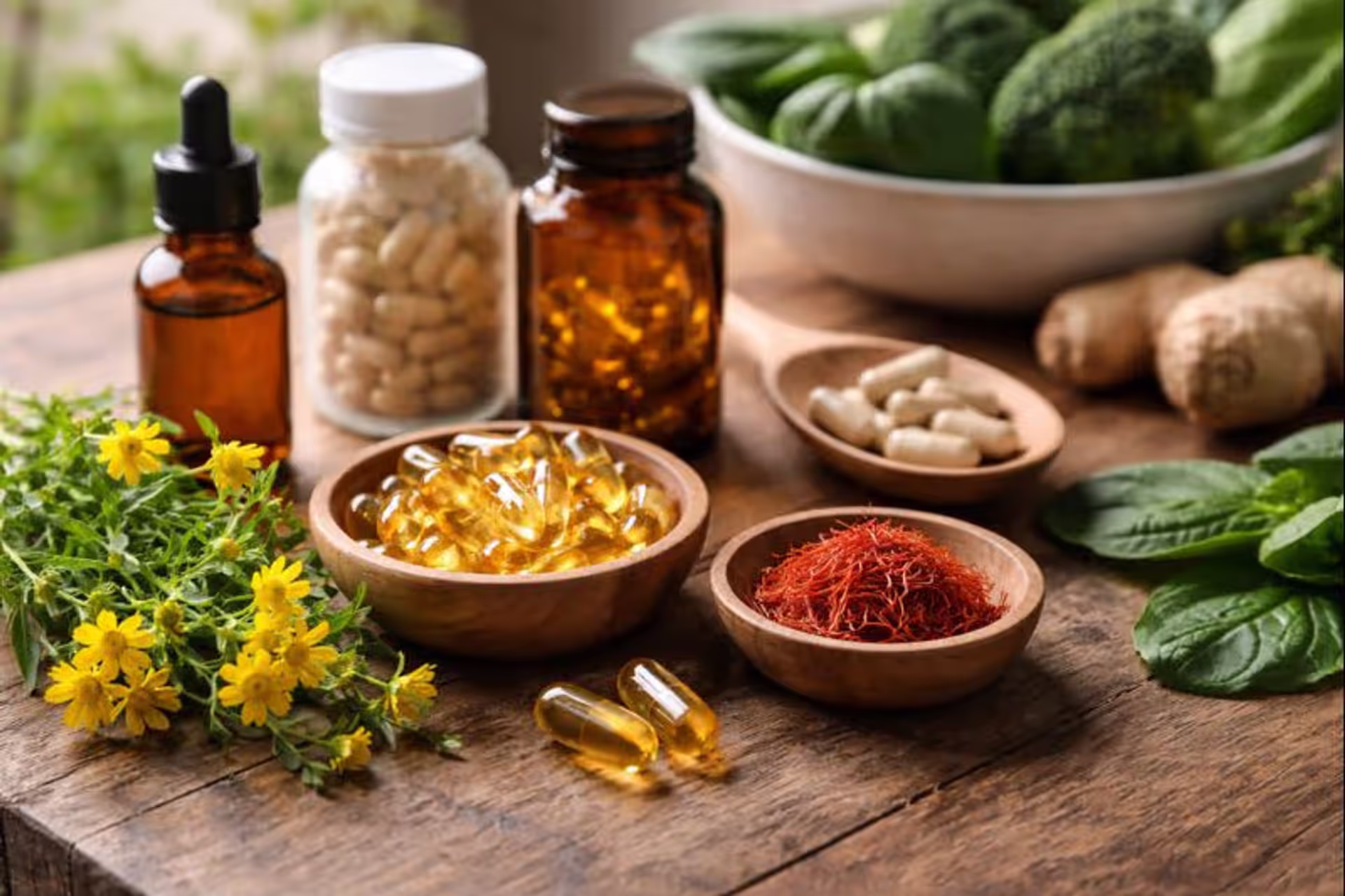 Assortment of natural supplements, herbs, and foods for depression support