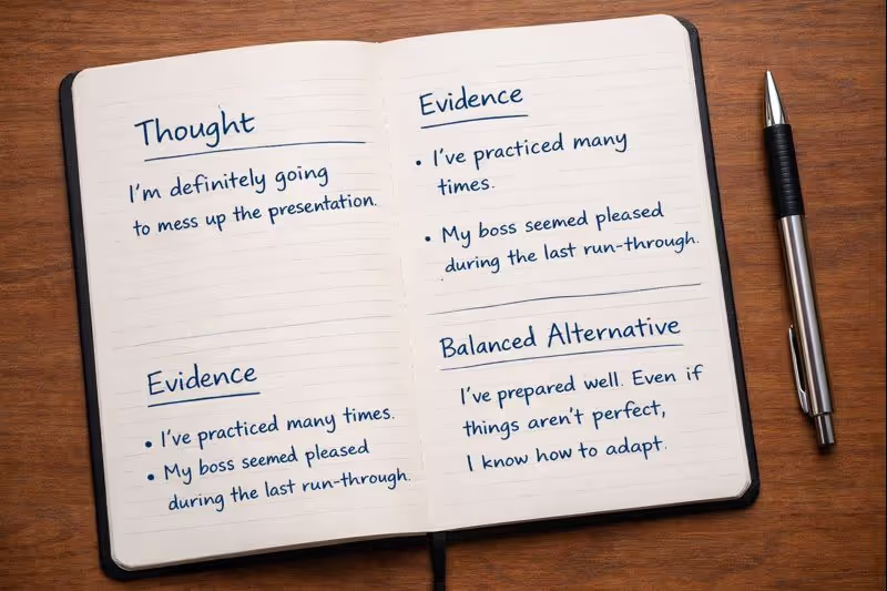 Notebook showing a structured cognitive reframing exercise