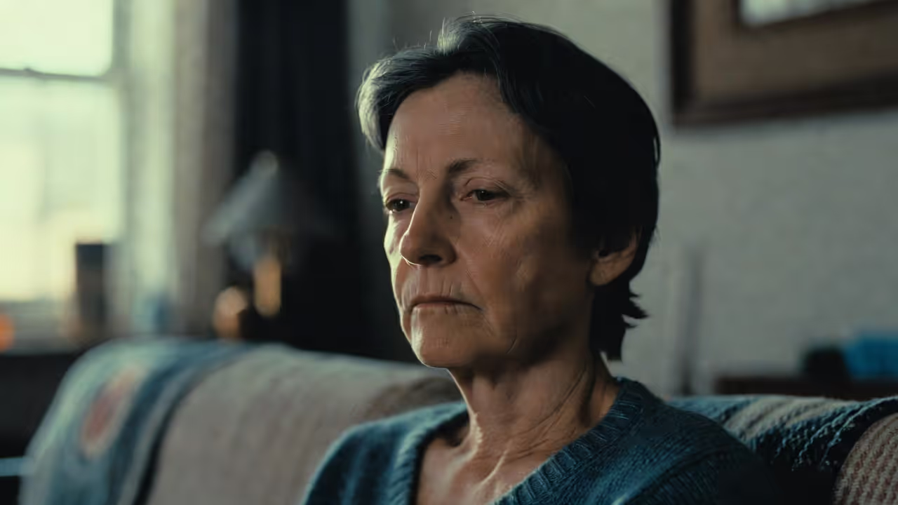 Adult sitting indoors with an emotionally flat expression