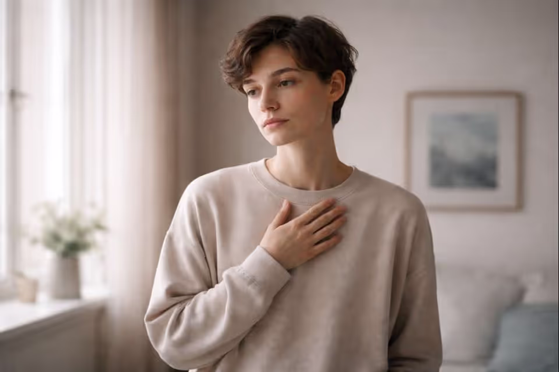 A thoughtful person standing in a calm room with a hand on their chest, reflecting on their habit of over-apologizing