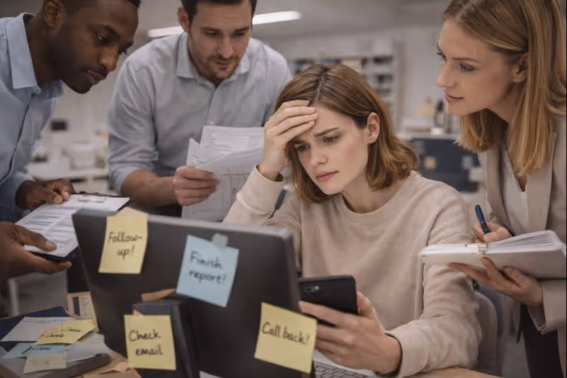 Overwhelmed woman at desk while multiple coworkers hand her additional tasks