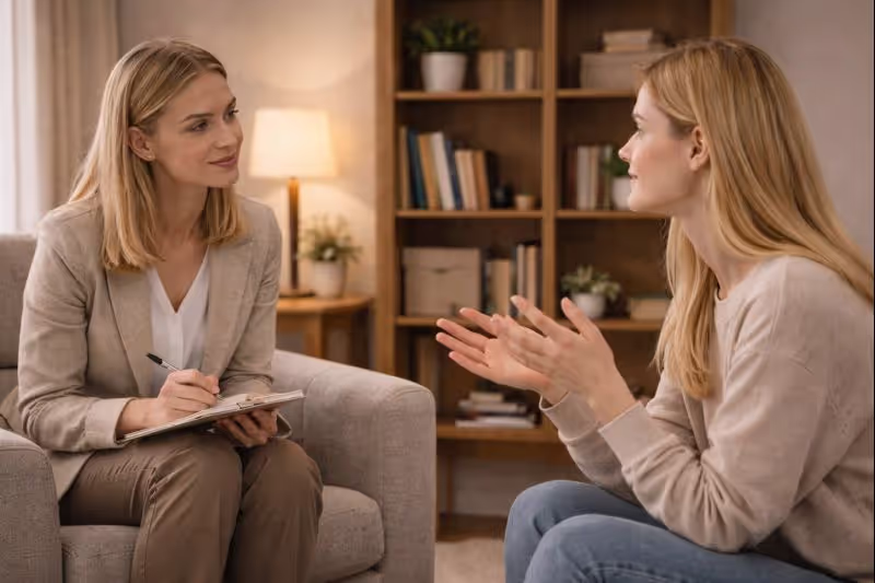 Therapist and client in a conversation during a therapy session in a comfortable office