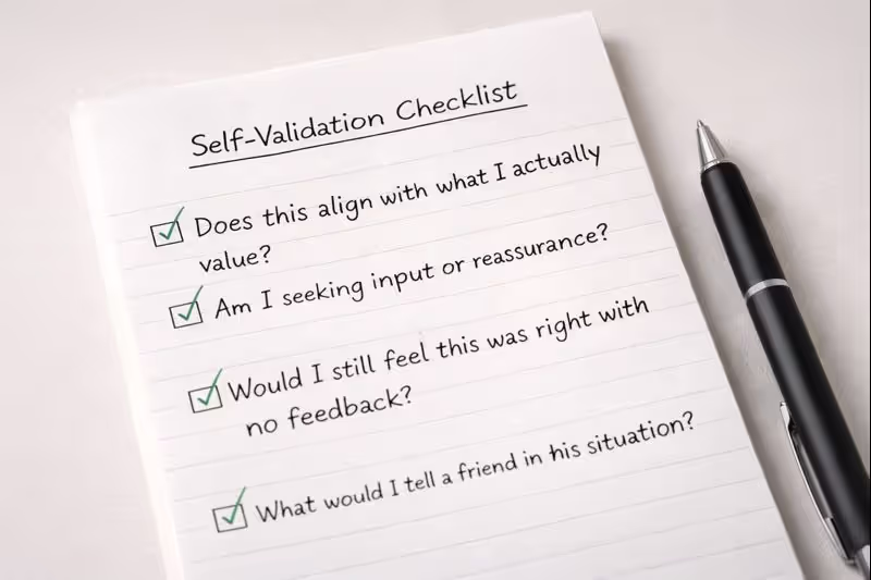 Self-validation checklist with reflective questions and checkmarks