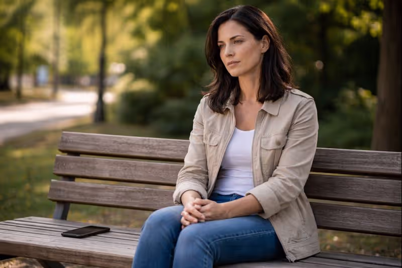 Woman sitting alone on a bench, calm and grounded, reflecting on rebuilding trust and emotional self-regulation.